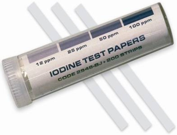 Iodine Strips: 12 -100 PPM.